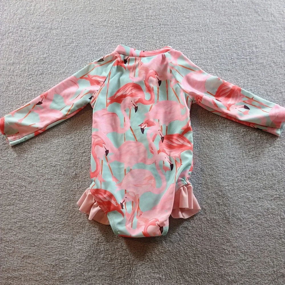 Unbranded‎ Girls Flamingo Print Rash Guard Pink 70 Ruffle Long Sleeve Swimsuit